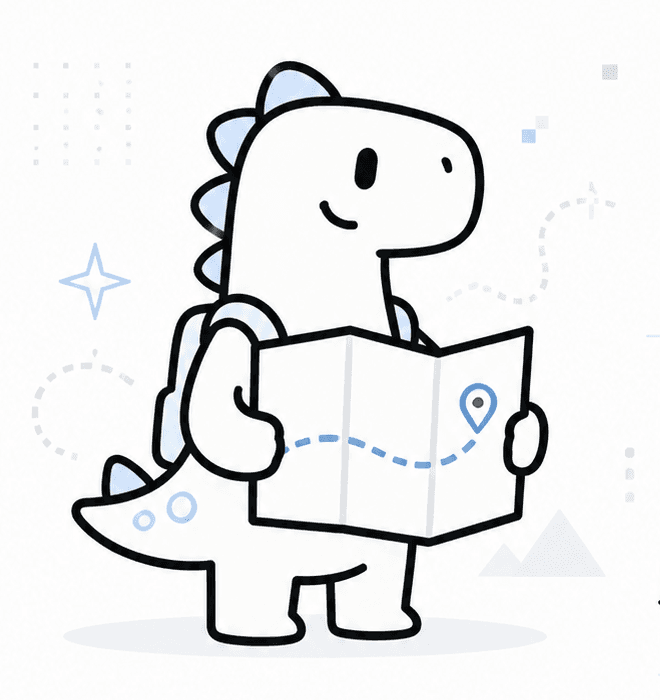 Mascote do Dossauro lendo um mapa com a rota de estudos